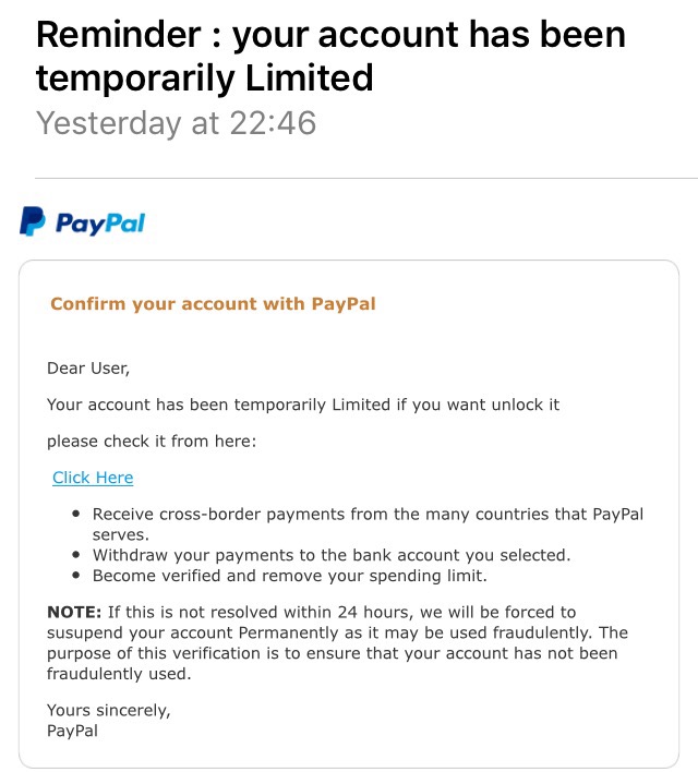 Fake PayPal Email